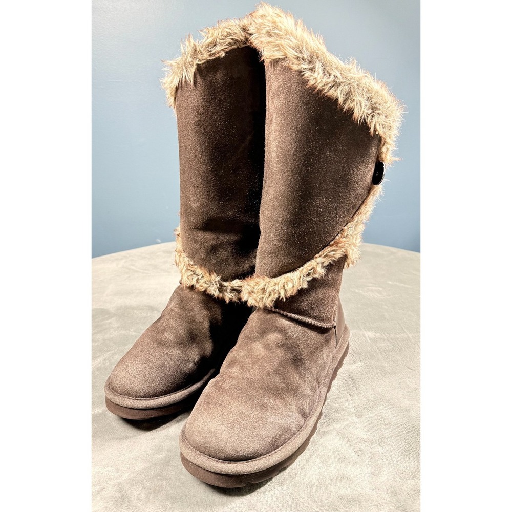 Bearpaw Sheilah Boots Womens 12 Brown Suede Faux Fur Trim Mid Calf